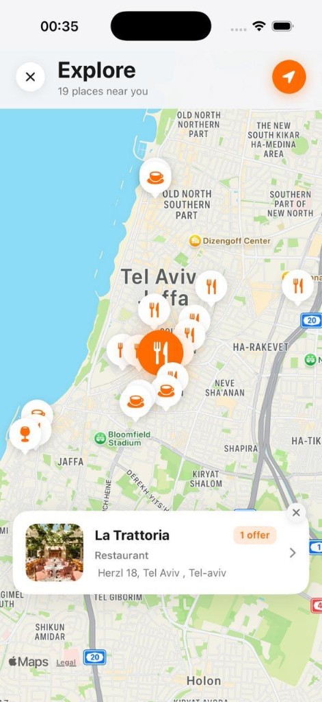 Komando app — map of venues in Tel Aviv